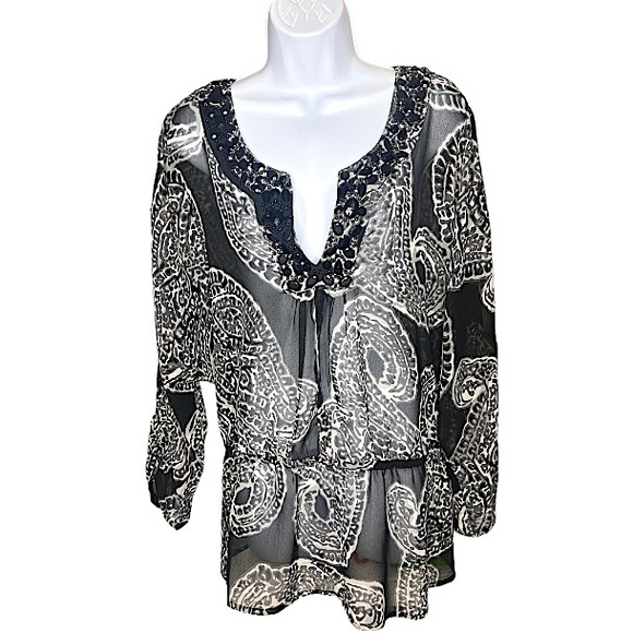Adrienne Vittadini Black & White Paisley Design Beaded B-Neck Blouse Size XL EUC - Picture 2 of 14